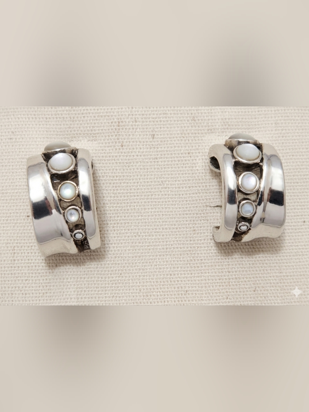 Barse Chunky 925 Sterling Silver Mother of Pearl Modernist Wide Hoop Earrings - Picture 2 of 13